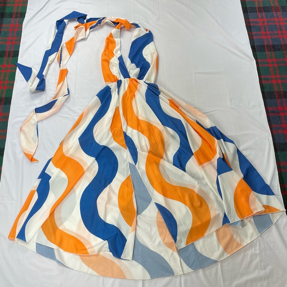 IMPERIAL Orange Blue Waves Summer Maxi Dress with a Slit Size 10